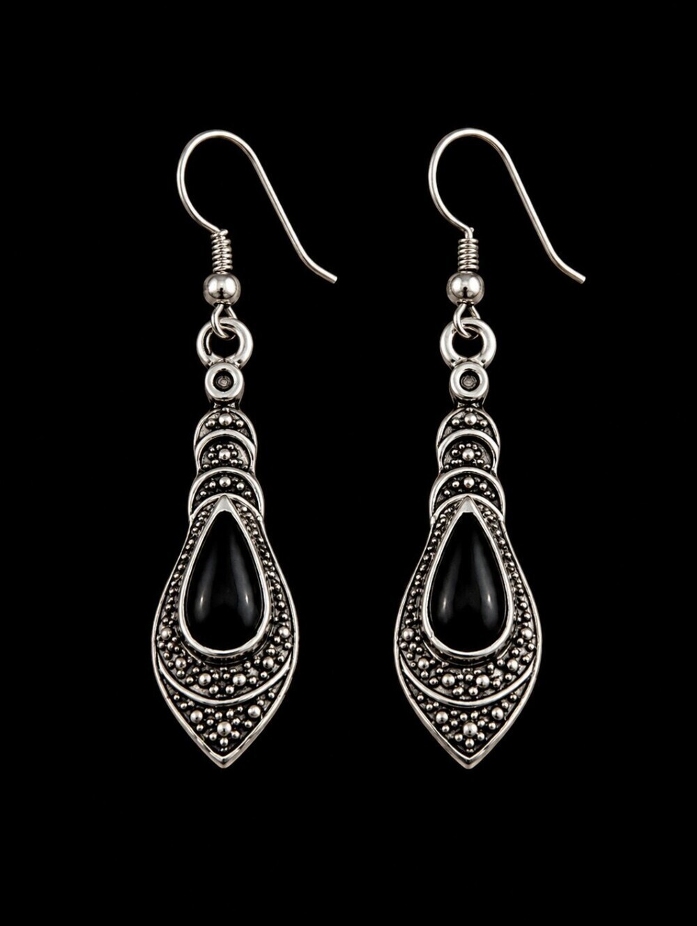 Silvertone Black Enamel Spike Goth Castlecore Dangle Hook Earrings